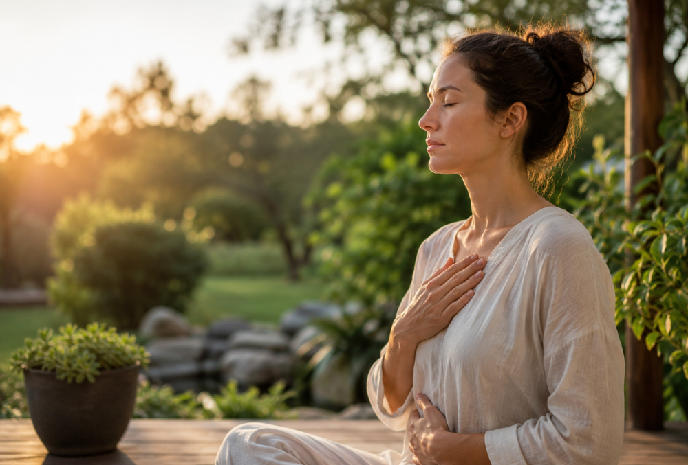 Mulher praticando respiração consciente em meio à natureza para aliviar a ansiedade e recuperar o equilíbrio emocional.