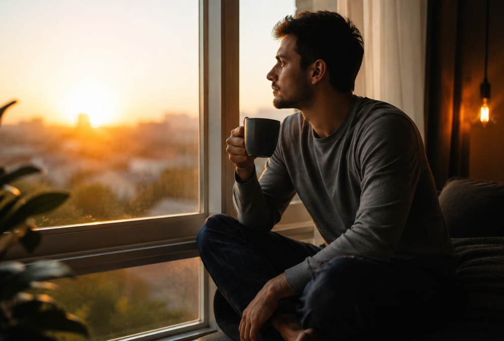 Homem sentado próximo à janela durante o amanhecer, refletindo sobre o cansaço emocional e a falta de energia.
