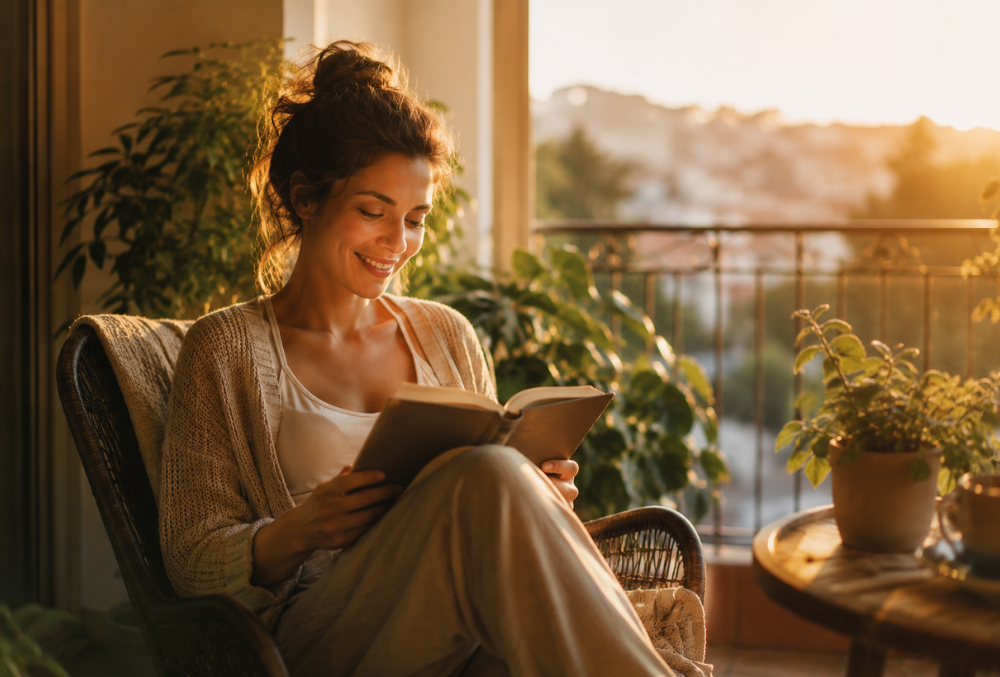 Mulher sorrindo enquanto lê um livro em um ambiente acolhedor, representando bem-estar, tranquilidade e qualidade de vida.