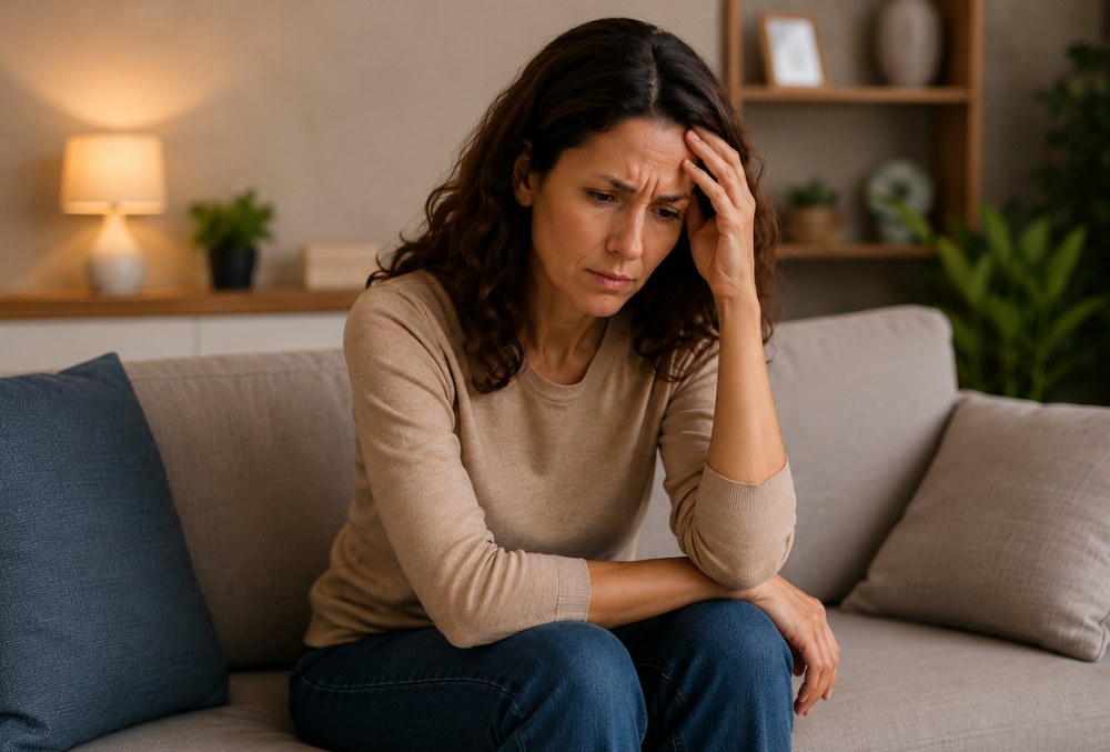 Mulher sentada em um sofá demonstrando preocupação, ansiedade e sobrecarga emocional.